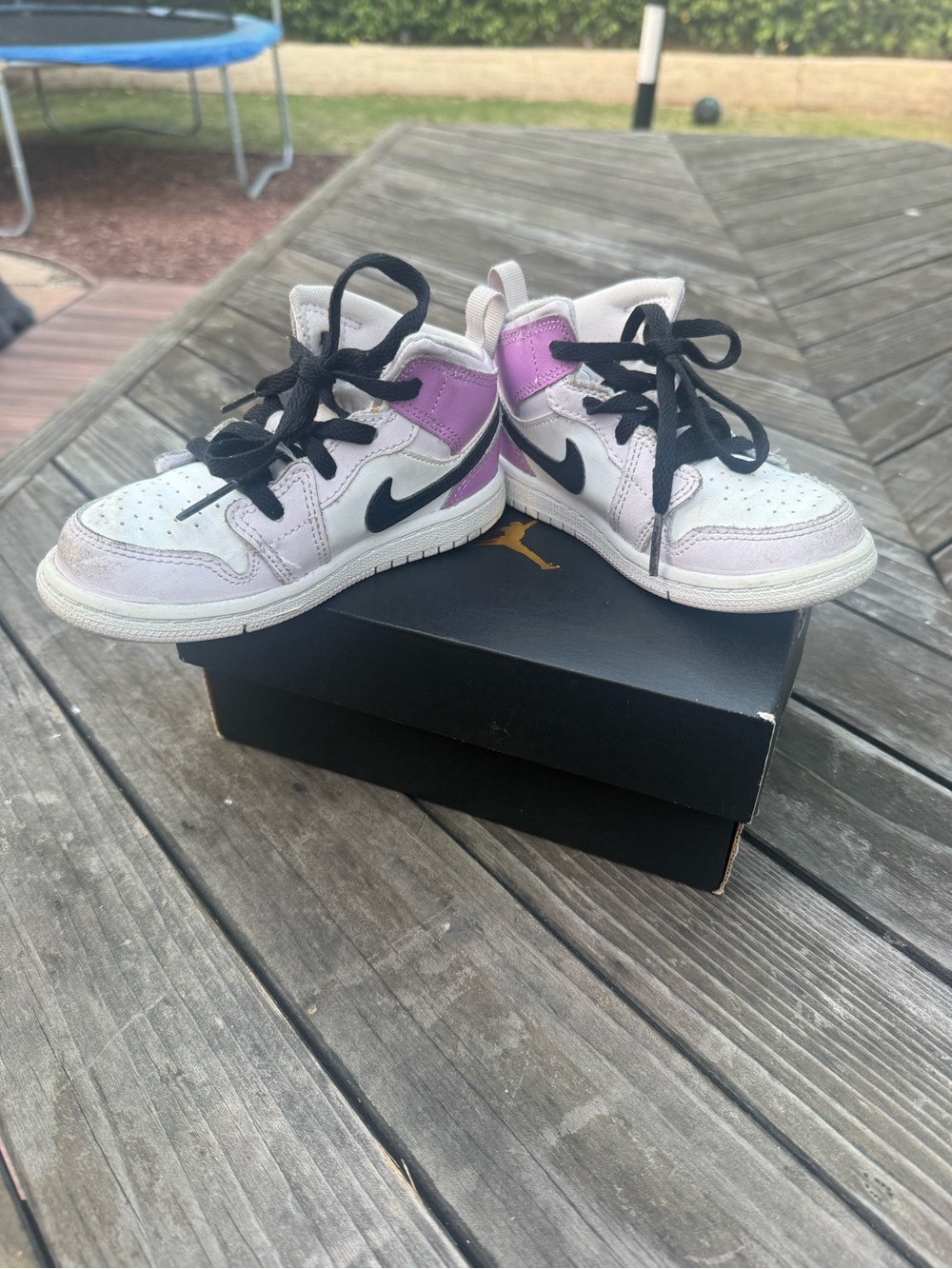 Nike Kids Jordon 1 Mid High-Top Sneakers in White, Lavender and Black - Picture 8 of 13